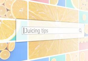 Visualization of the search bar on the background of a collage of many pictures with juicy oranges. Juicing tips photo