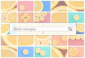 Visualization of the search bar on the background of a collage of many pictures with juicy best oranges. photo