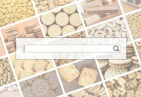 Visualization of the search bar on the background of a collage of many pictures with various sweets close-up. A set of images with varieties of biscuits, bagels and candies photo