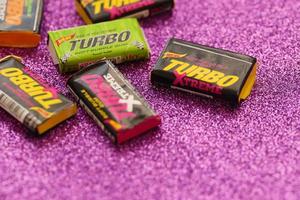 TERNOPIL, UKRAINE - MAY 28, 2022 Turkish retro chewing gums Turbo extreme with nostalgic design from 80s photo