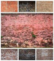 A collage of many pictures with fragments of brick walls of different colors close-up. Set of images with varieties of brickwork photo