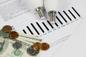 Abstract American electricity bill. Concept of saving money by using energy savings led light bulbs and electric bill payment photo