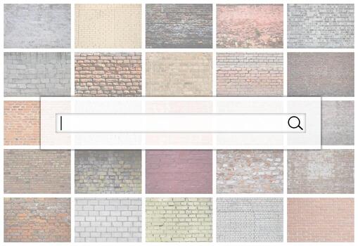visualización de la barra de búsqueda en el fondo de un collage de muchas imágenes con fragmentos de paredes de ladrillo de diferentes colores en primer plano. conjunto de imágenes con variedades de ladrillo foto
