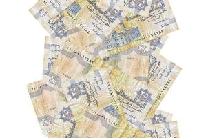 25 Egyptian piastres bills flying down isolated on white. Many banknotes falling with white copyspace on left and right side photo