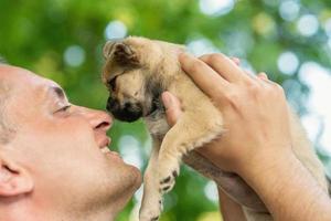 Happy young man touching nose of puppy photo