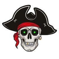 Pirate skull with a hat, red bandana, green glowing eyes. Vector hand drawn cartoon illustration isolated on white background