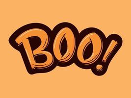 Halloween vector sticker Boo Hand drawn Halloween lettering sign isolated on dark. Doodle for logo, poster, emblem, greeting card