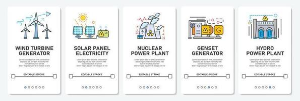 planta de energía generadora de desarrollo de interfaz de usuario con turbina eólica, celda solar, nuclear, grupo electrógeno, logotipo de energía hidroeléctrica trazo editable de vector simple