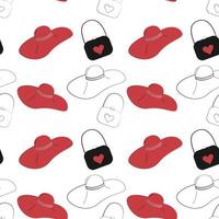 Seamless pattern from Womens handbag and Stylized red and outline hat. Abstract background. Isolate vector