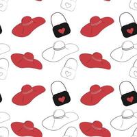 Seamless pattern from Womens handbag and Stylized red and outline hat. Abstract background. Isolate vector