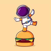 The astronaut is standing and posing cutely on the top of big burger vector