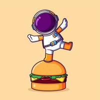 The astronaut is standing and posing cutely on the top of big burger vector