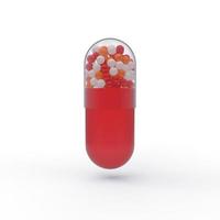 tableta de cápsula roja con fracciones rojas, naranjas y blancas en el interior. Render 3D de una pastilla. foto