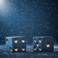 Two black dices illuminated by bright light on a blue background. The concept of gambling. photo