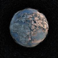 vista aérea megalópolis 3d renderizar imagen en el espacio contra el cielo oscuro con basura espacial. foto