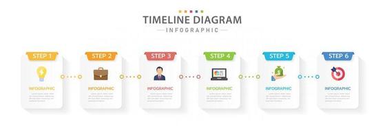 plantilla infográfica para negocios. Calendario de diagrama de línea de tiempo moderno de 6 pasos con título de rectángulo e icono, infografía de vector de presentación.