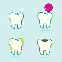 a set of teeth with various types of dental disease, healthy teeth, caries, tartar, cavities, and teeth with candy vector