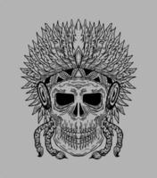 black and white illustration of Indian skull with traditional feather crown. Isolated on a white background, in a line art style, perfect for t-shirt designs