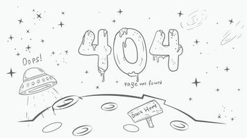 página en blanco y negro para el diseño de la aplicación web error 404 grandes números en el fondo de un planeta y un dibujo ovni al estilo de un garabato vector