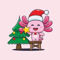 Cute axolotl taking star from christmas tree. Cute christmas cartoon illustration. vector