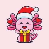 Cute axolotl happy with christmas gift. Cute christmas cartoon illustration. vector