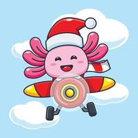 Cute axolotl wearing santa hat fly with plane. Cute christmas cartoon illustration. vector