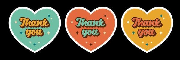 Retro groovy heart sticker set. Thank you phrase with retro stars. For packaging, cards, social media vector