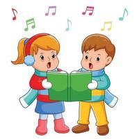 Cute Kids Singing Christmas Carols. Vector Cartoon Illustration