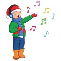 Young Boy Singing Christmas Carols. Vector Cartoon Illustration