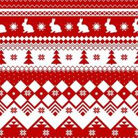 Seamless Christmas pattern - Xmas rabbits with norway ornament. Red and white Happy New Year background. Vector design for winter holidays. Print for fabric and phone case.