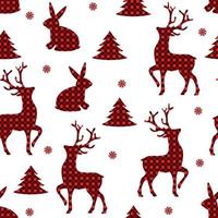 Checkered red shape Merry Christmas. Seamless pattern. Winter holiday surface design. Reindeer and rabbit 2023. vector