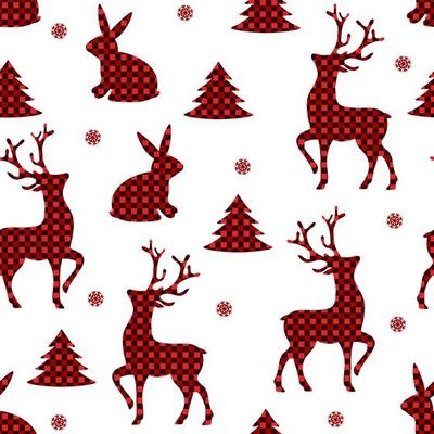 Checkered red shape Merry Christmas. Seamless pattern. Winter holiday surface design. Reindeer and rabbit 2023.