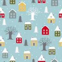 Seamless hand drawn pattern. Winter Landscape background. Cute houses with christmas tree. vector