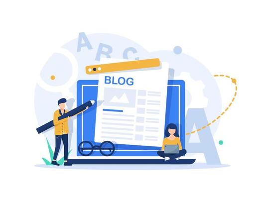 Content writer. Blog articles creation concept with people characters, freelance work business and marketing