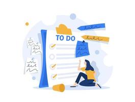 la mujer está de pie con una gran lista de tareas pendientes. plan cumplido, concepto de tarea completada, ilustración de vector de icono de diseño plano