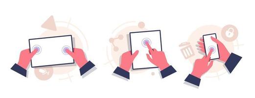 set concept of hand holding digital tablet with blank screen,flat design icon vector illustration