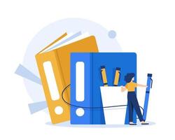 Office worker holding giant folder for storing papers. Modern concept of file management system, online document storage service vector