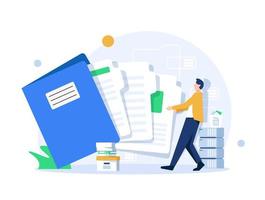 Office worker holding giant folder for storing papers. Modern concept of file management system, online document storage service vector