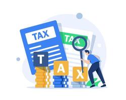 verificar documentos de impuestos, presentación de impuestos sobre la renta, concepto de reembolso y pago, ilustración de vector de icono de diseño plano