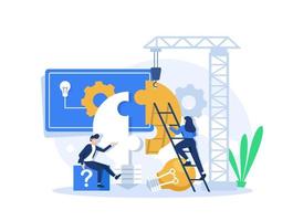 Office People Work Together Setting Up Huge Lightbulb Separated on Puzzle Pieces Standing on Ladders. Businesspeople Teamwork. Cartoon Flat Vector Illustration