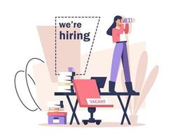 Hiring and recruitment concept,We are hiring banner,Beutiful business woman is standing on the office table and looking into the distance in search of employees vector