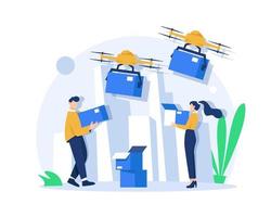 Online delivery service web page concept, online order by modern technology. The parcel box flying drone transporter control by delivery man vector