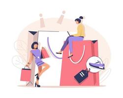 vista del consumidor, elija y compre artículos de moda en el mercado de comercio electrónico en la pantalla de la computadora, ilustración de vector de icono de diseño plano