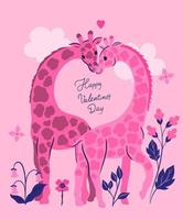 Pink giraffes in love postcard or poster for valentine's day. Vector graphics.