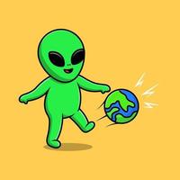 lindo alienígena jugando fútbol tierra dibujos animados iconos vectoriales ilustración. concepto de caricatura plana. adecuado para cualquier proyecto creativo. vector