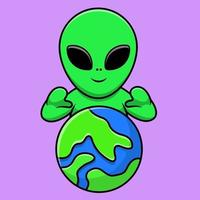Cute Alien With Earth Cartoon Vector Icons Illustration. Flat Cartoon Concept. Suitable for any creative project.