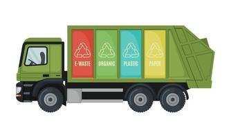 Garbage truck icon in flat style isolated on white background. Vehicle for separate waste collection. Care for the environment. Reuse, reduce, recycle concept. Vector illustration.