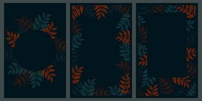 Set of dark banners with leaves. Stoke vector illustration.