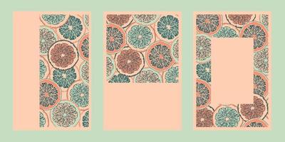 Set of citrus vertical banners. Vector illustration with citrus fruits. Lemon, orange posters. Cartoon banners with citrus cutted in slices.