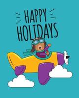 Happy holidays. Bear flying in the sky with yellow plane vector